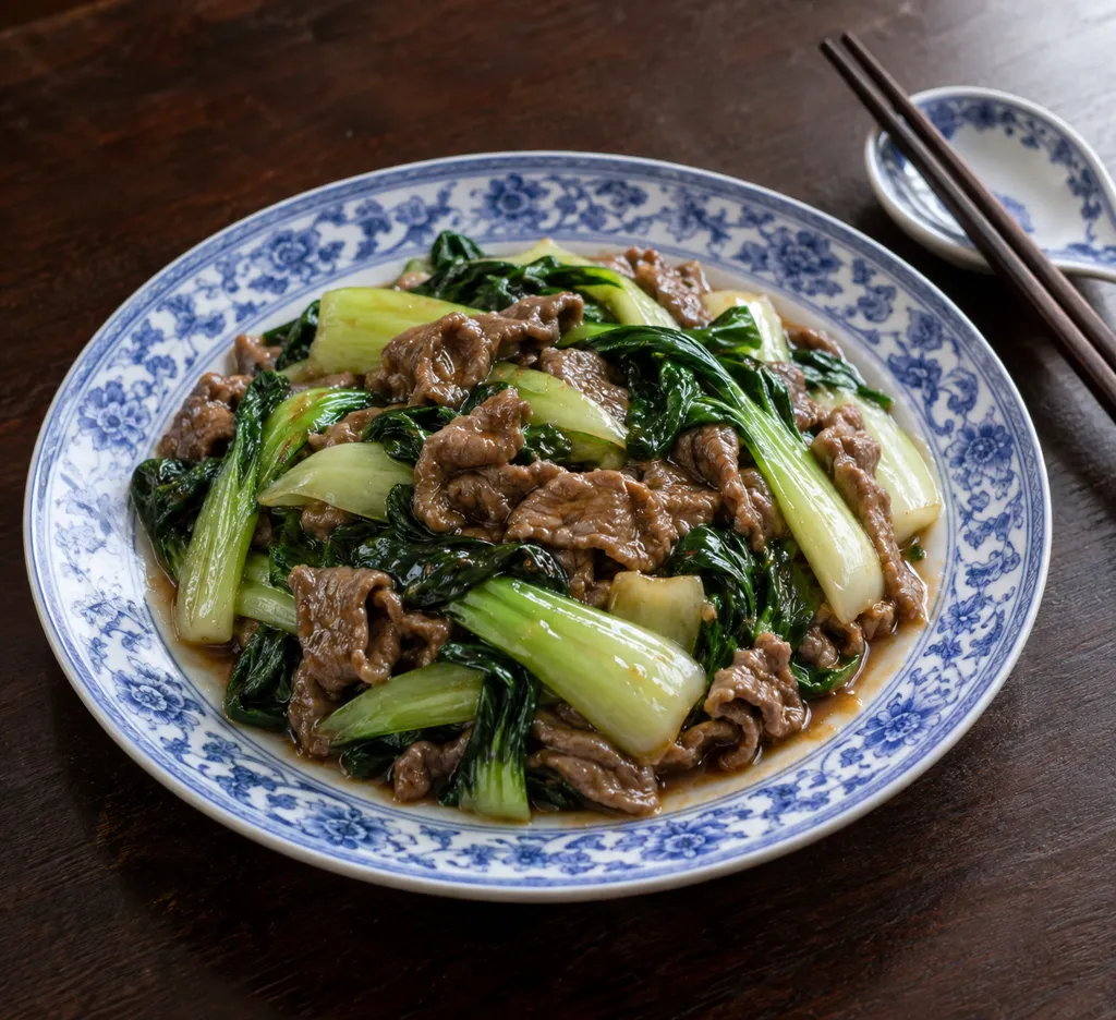 牛薄切り肉とチンゲン菜のオイスター炒めの完成イメージ
