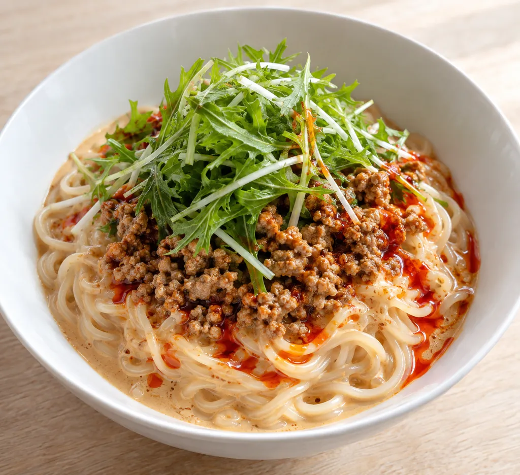 豚ひき肉と水菜の担々冷麺の完成イメージ