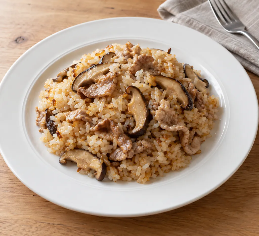 豚こま肉としいたけのガーリックライスの完成イメージ