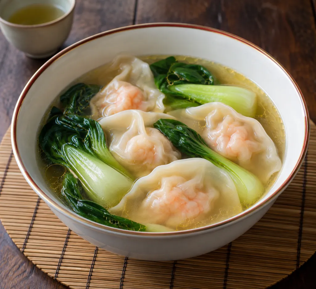 えびとチンゲン菜の水餃子スープの完成イメージ
