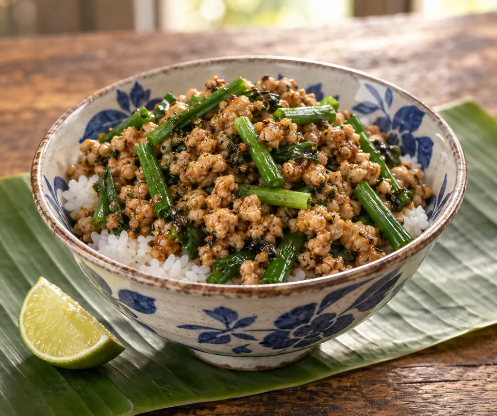 鶏ひき肉とニラのバジル炒め丼の完成イメージ