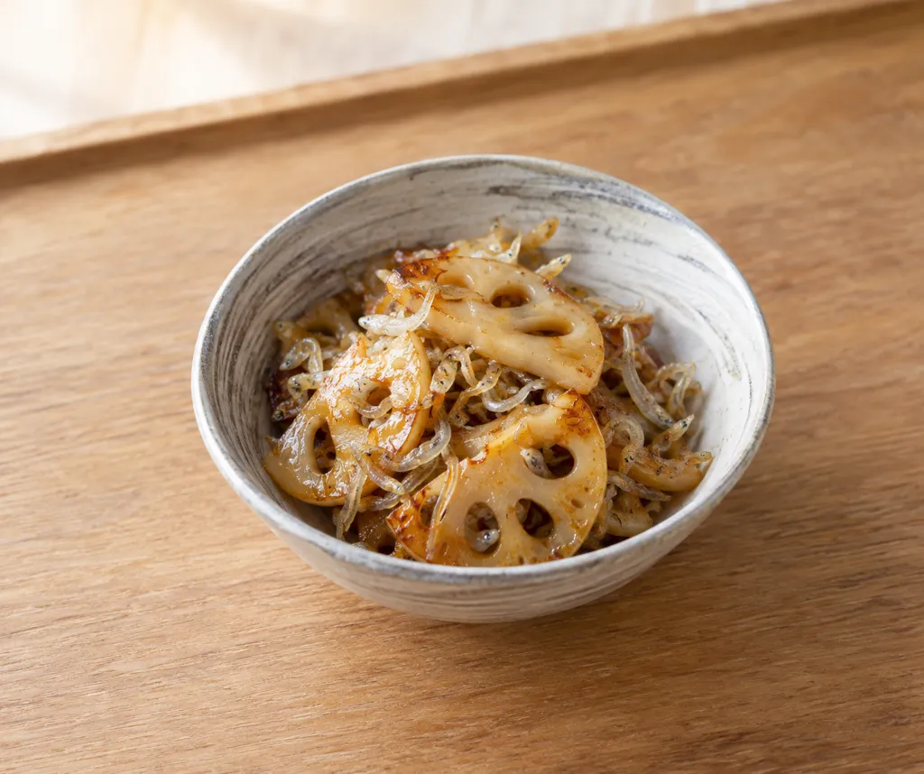 れんこんとちりめんじゃこの醤油焼きの完成イメージ