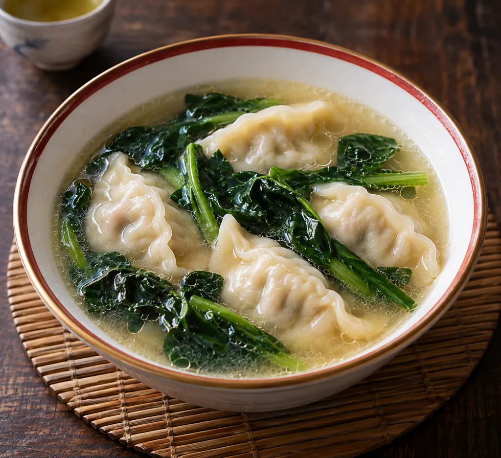 冷凍餃子とほうれん草の水餃子スープの完成イメージ