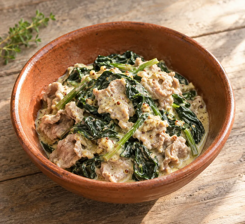 豚こま肉とほうれん草のマスタードマヨ煮の完成イメージ