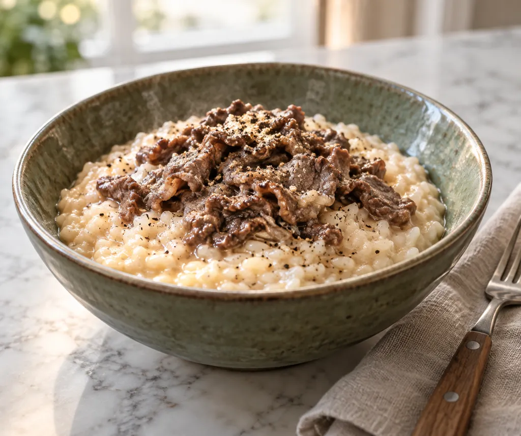 牛こま肉のチーズリゾットの完成イメージ