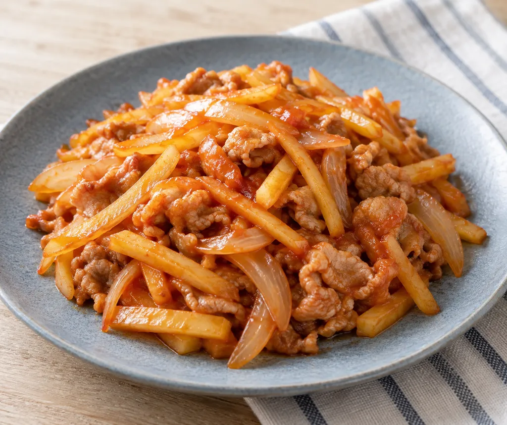 豚こま肉とポテトのケチャップ炒めの完成イメージ