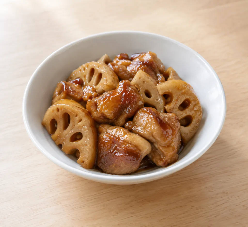 れんこんと鶏もも肉の黒酢炒めの完成イメージ