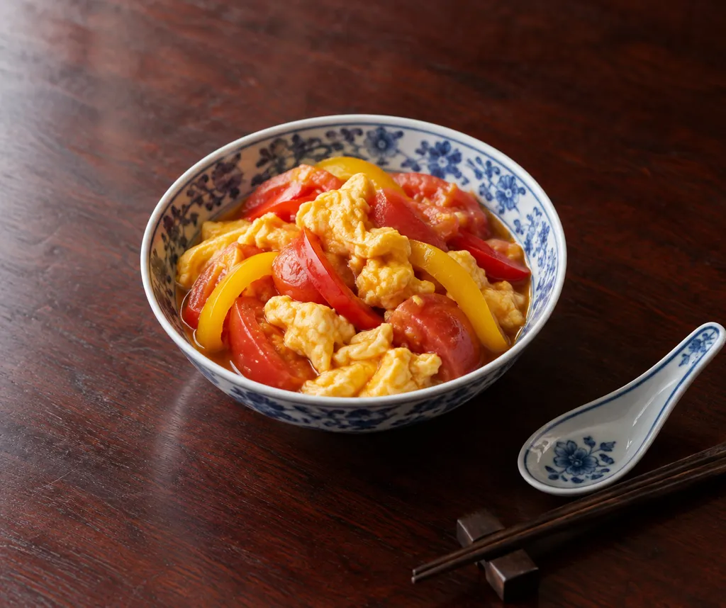 トマトとパプリカの彩り卵炒めの完成イメージ