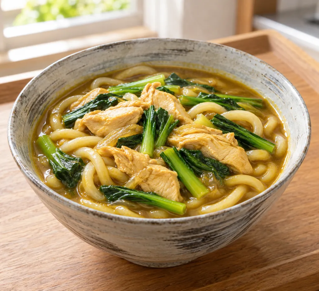 鶏むね肉と小松菜のカレーうどんの完成イメージ
