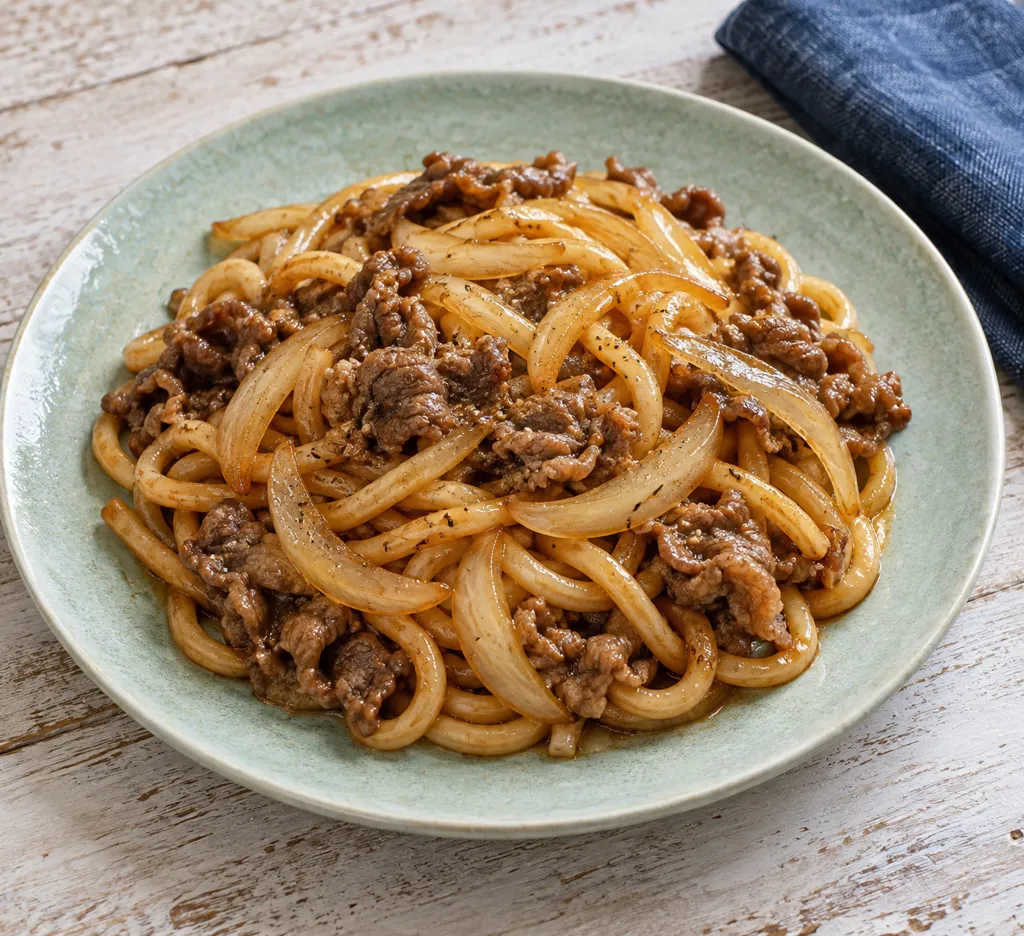 牛こま肉と玉ねぎの和風焼きうどんの完成イメージ