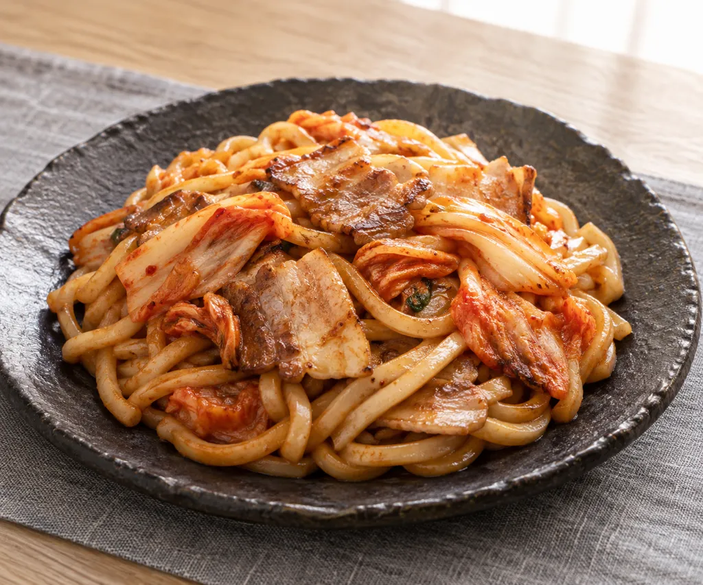 豚バラ肉とキムチの焼きうどんの完成イメージ