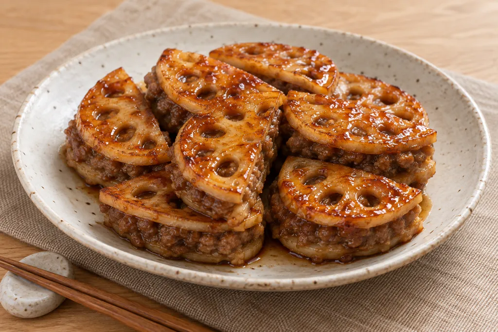 れんこんと合いびき肉の甘酢はさみ焼きの完成イメージ