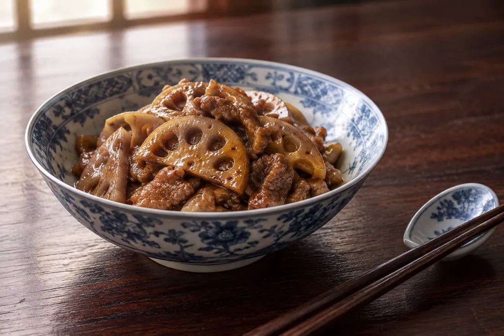 れんこんと豚こま肉の黒酢炒めの完成イメージ