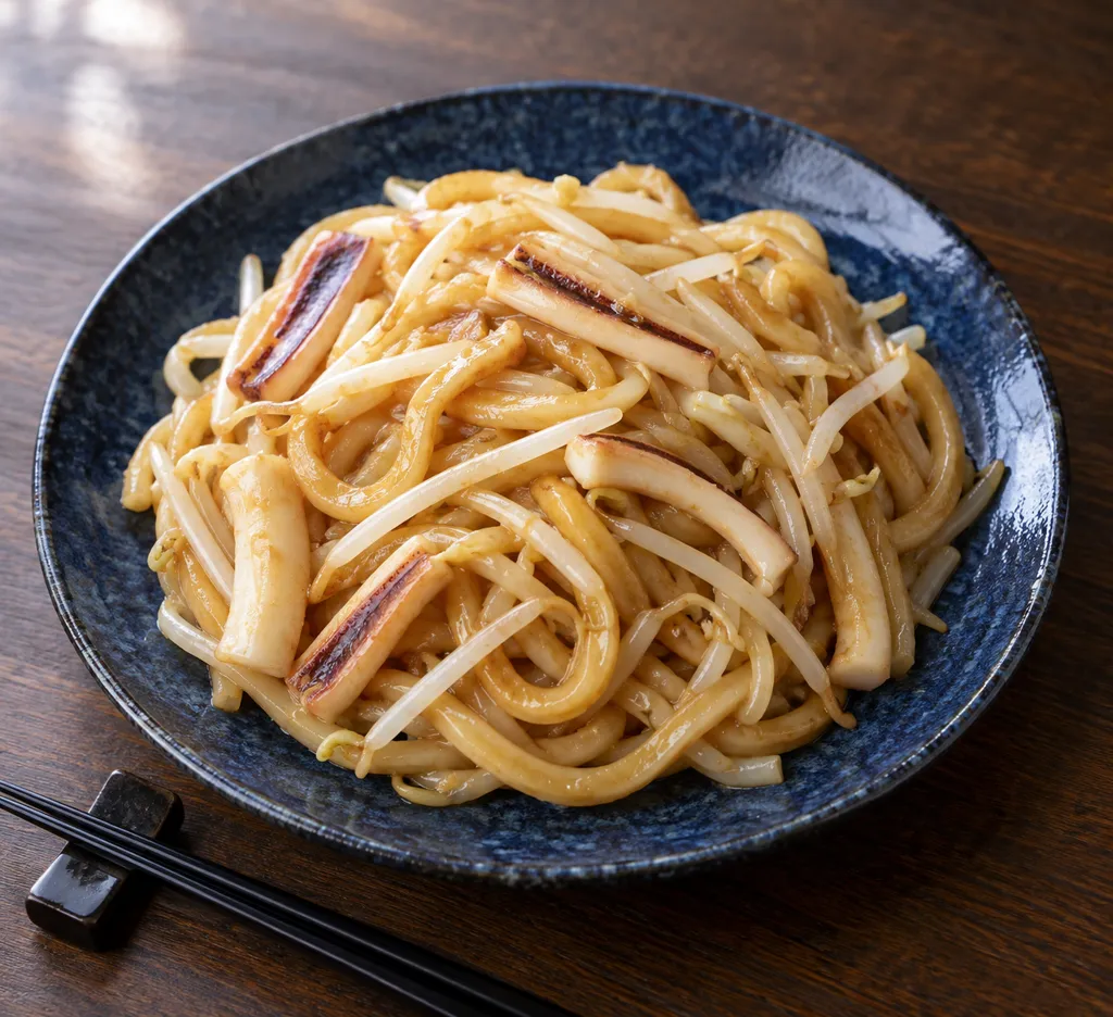 いかともやしのしょうが醤油焼きうどんの完成イメージ