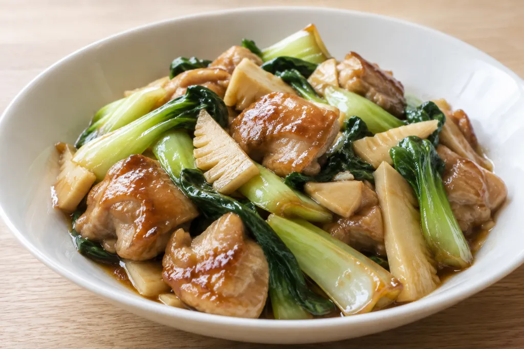 鶏もも肉とチンゲン菜の中華炒めの完成イメージ