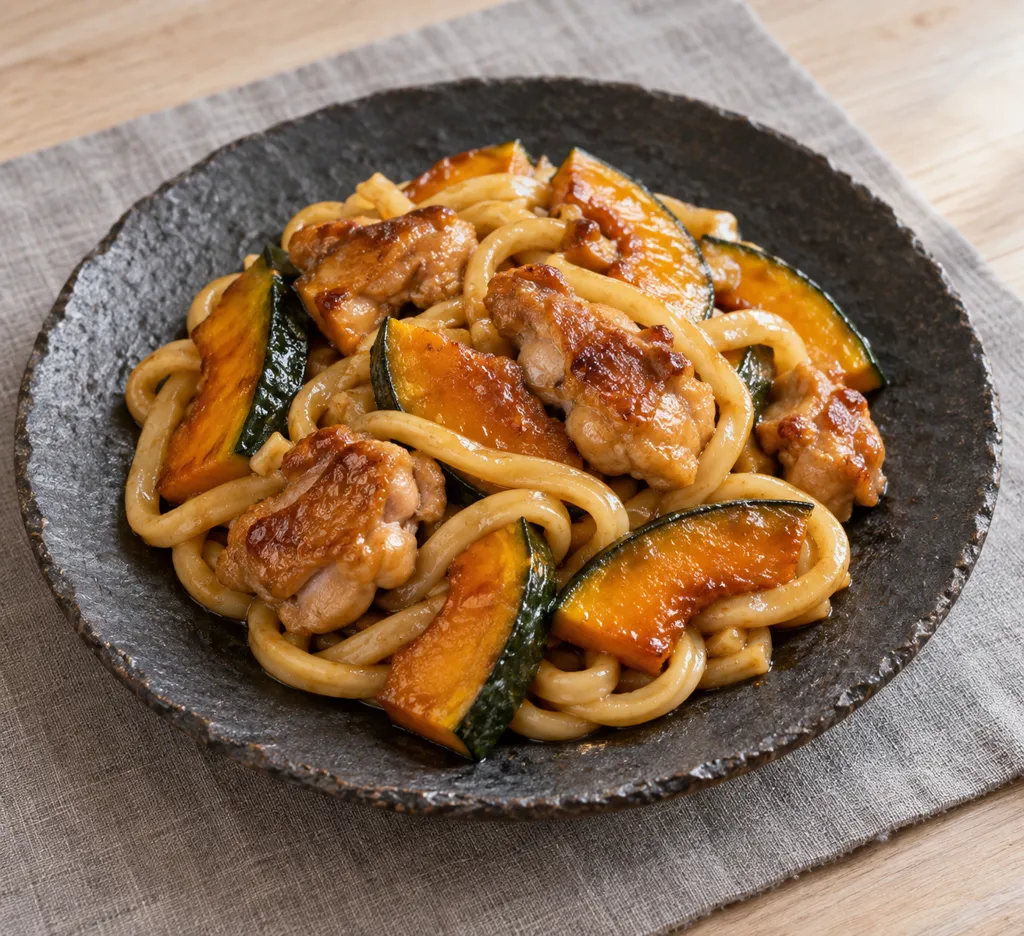 鶏もも肉とかぼちゃの和風焼きうどんの完成イメージ