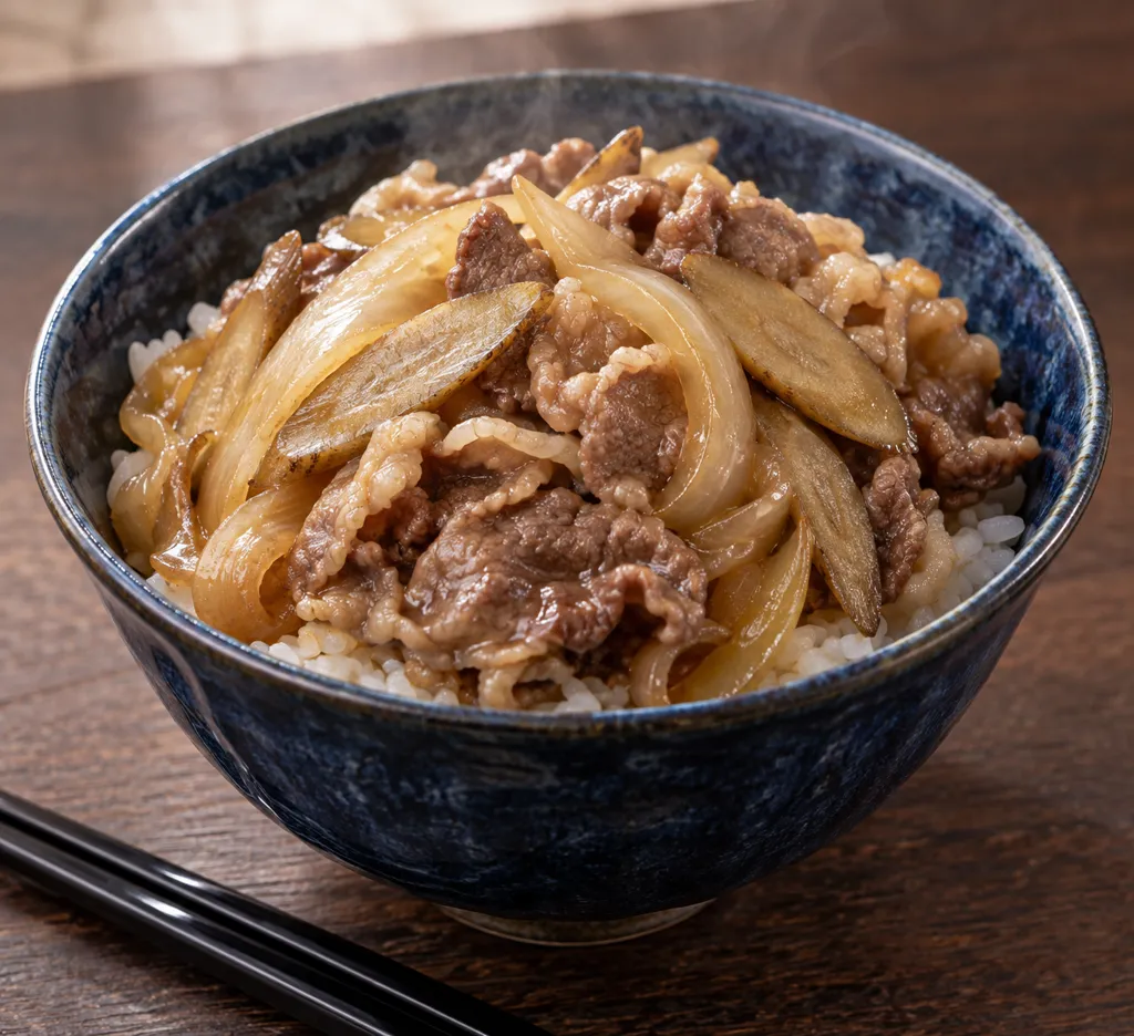 ごぼうと玉ねぎの牛バラ丼の完成イメージ