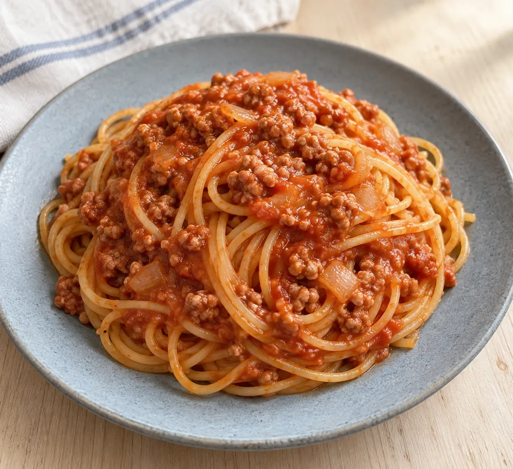 鶏ひき肉と新玉ねぎのミートソースパスタの完成イメージ