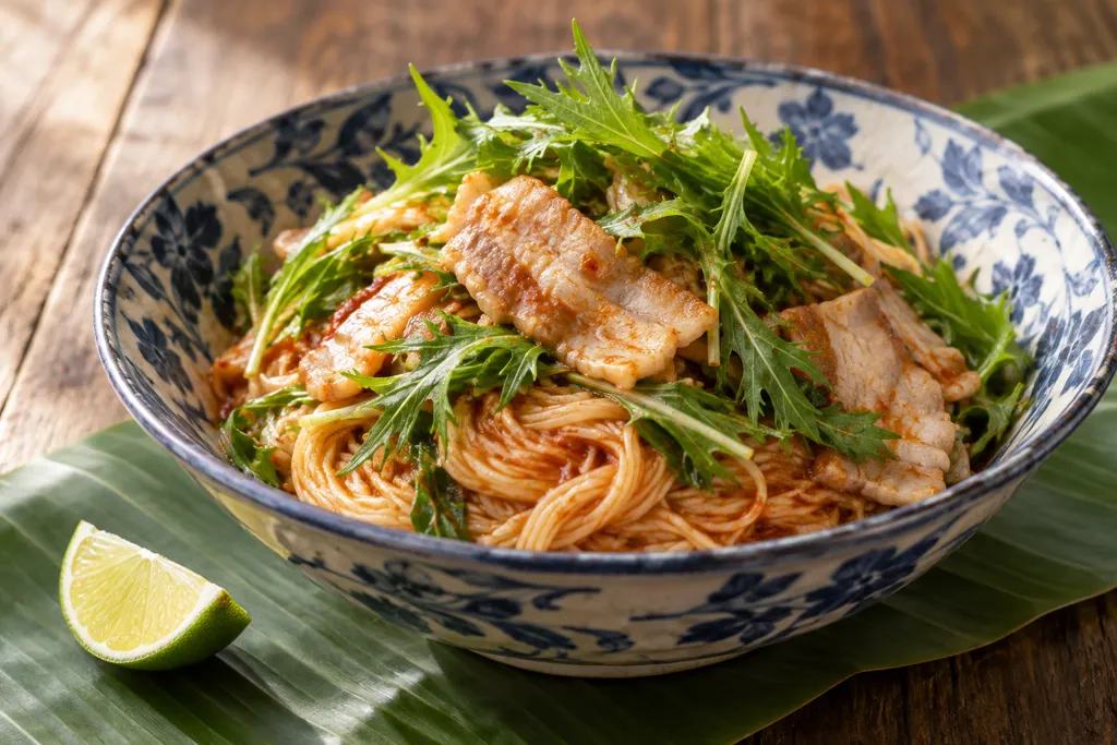 豚バラ肉と水菜のそうめんビビン麺の完成イメージ