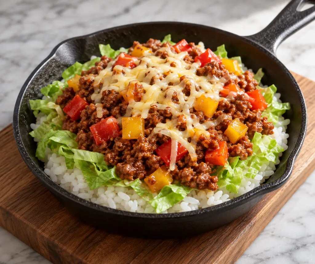 合いびき肉とパプリカのタコライスの完成イメージ