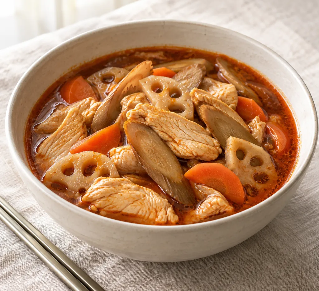 鶏むね肉と根菜のユッケジャン風鍋の完成イメージ
