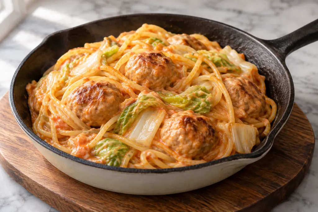 鶏団子のケチャップパスタの完成イメージ