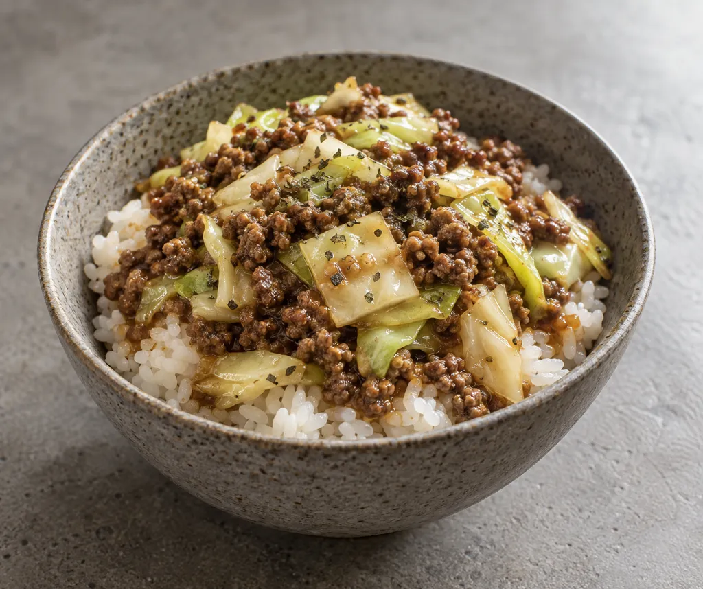 牛ひき肉とキャベツのバジル炒めごはんの完成イメージ
