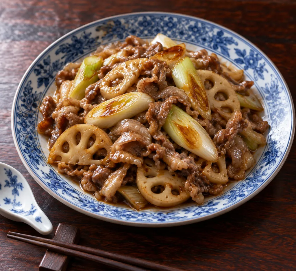 牛バラ肉とれんこんのねぎ炒めの完成イメージ