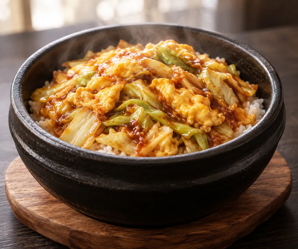 キャベツと卵の韓国卵丼の完成イメージ