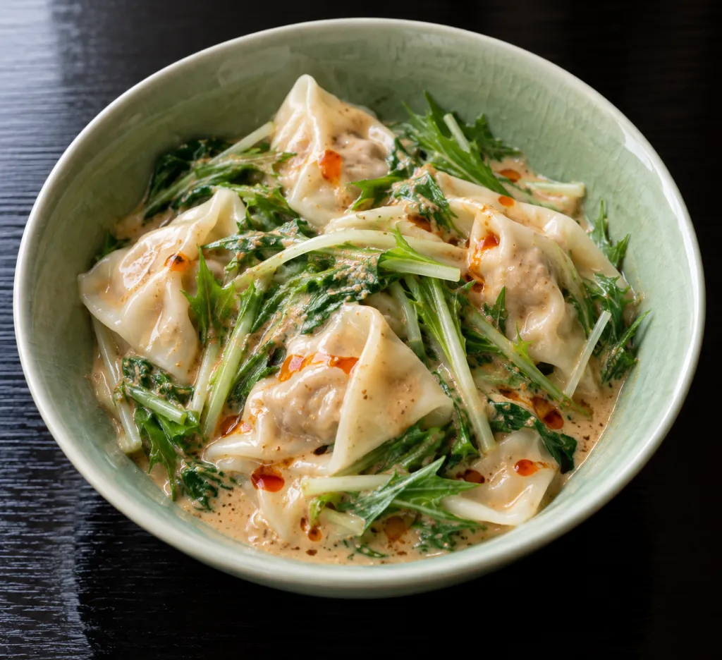 鶏ひき肉と水菜のゆでワンタンごまだれの完成イメージ