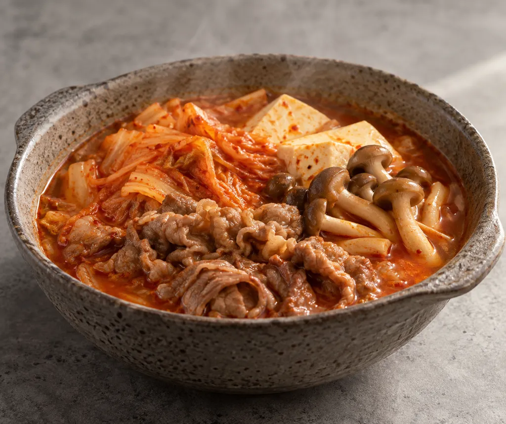 牛薄切り肉としめじのキムチ鍋の完成イメージ