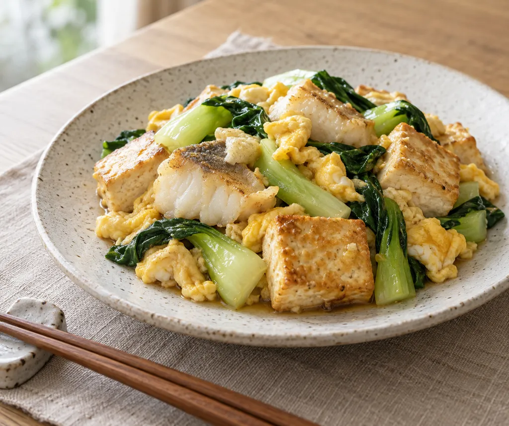 たらとチンゲン菜の豆腐チャンプルーの完成イメージ