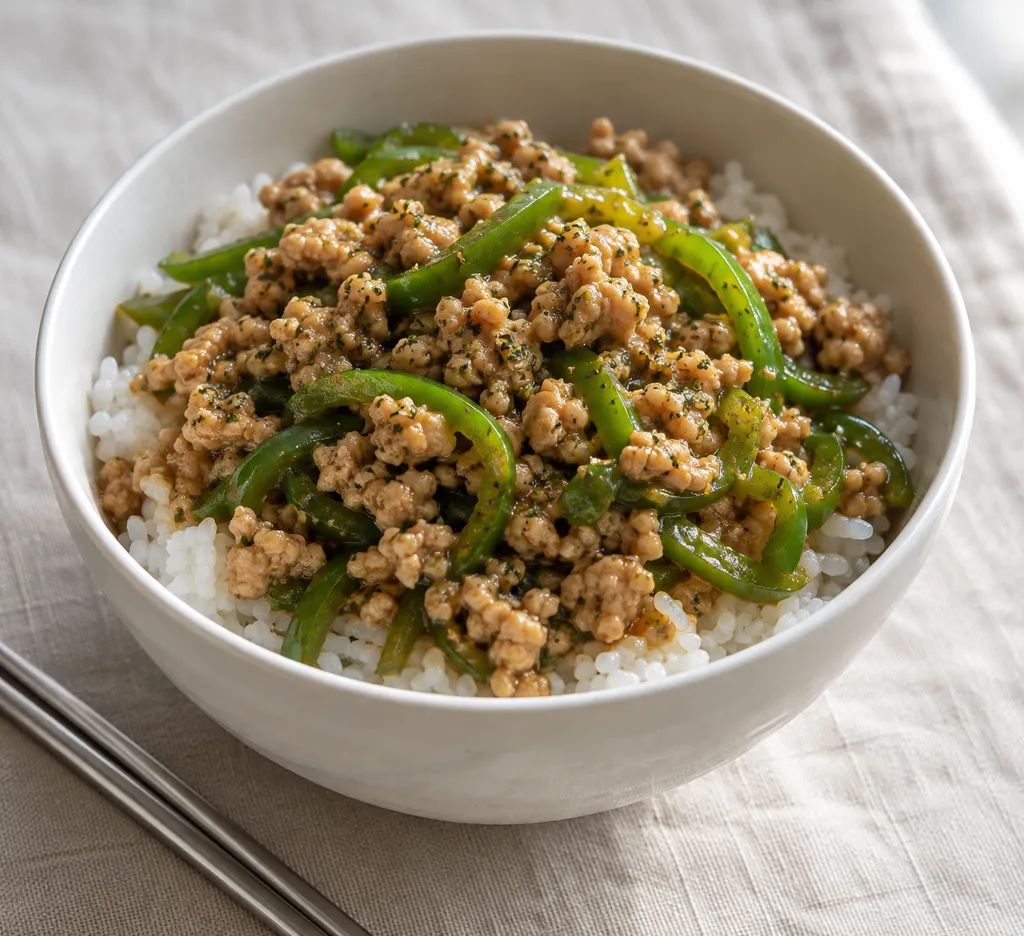 鶏ひき肉とピーマンのバジル肉炒め丼の完成イメージ