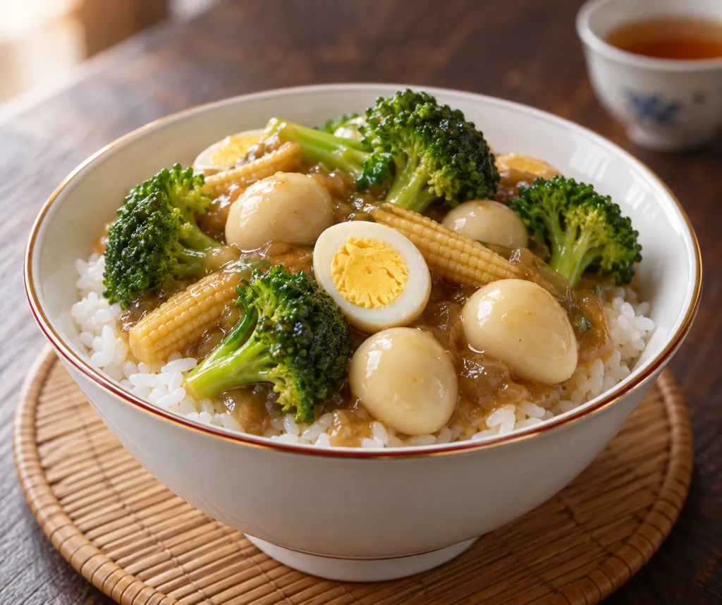 うずらの卵とブロッコリーの中華丼の完成イメージ