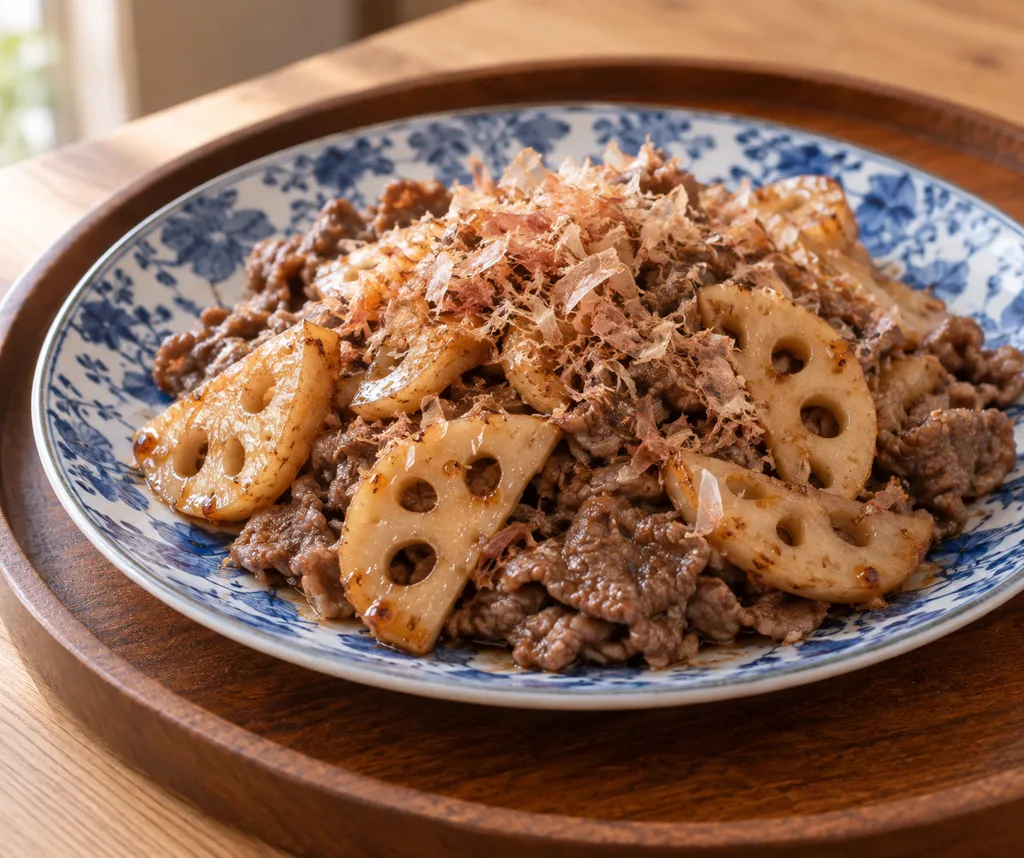 牛薄切り肉とれんこんのおかか炒めの完成イメージ