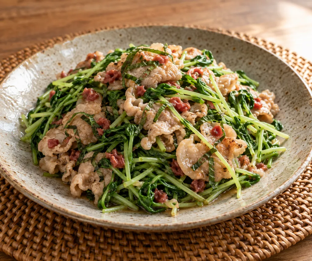 豚こま肉と豆苗の梅しそ炒めの完成イメージ