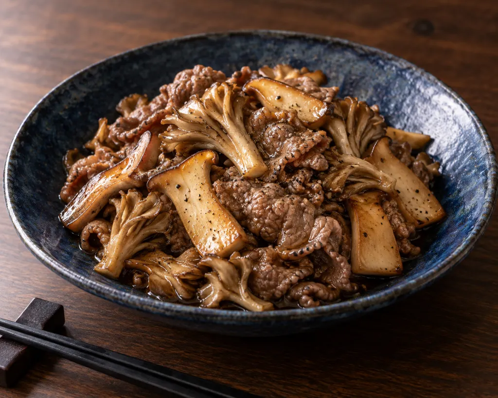 牛肉とまいたけのにんにく醤油炒めの完成イメージ