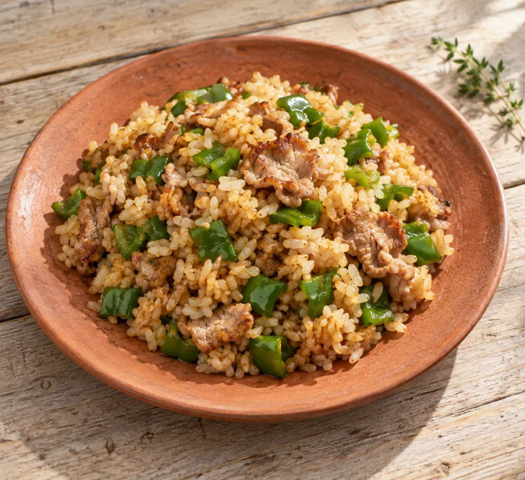豚こま肉とピーマンのガーリックライスの完成イメージ