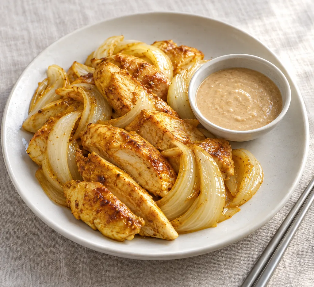 鶏むね肉と新玉ねぎのサテ風ごまだれ焼きの完成イメージ