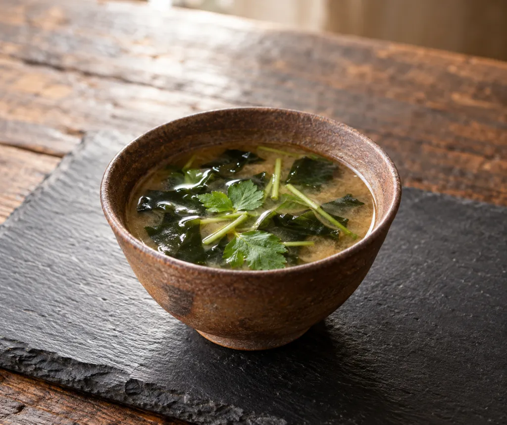 乾燥わかめと三つ葉の即席味噌汁の完成イメージ