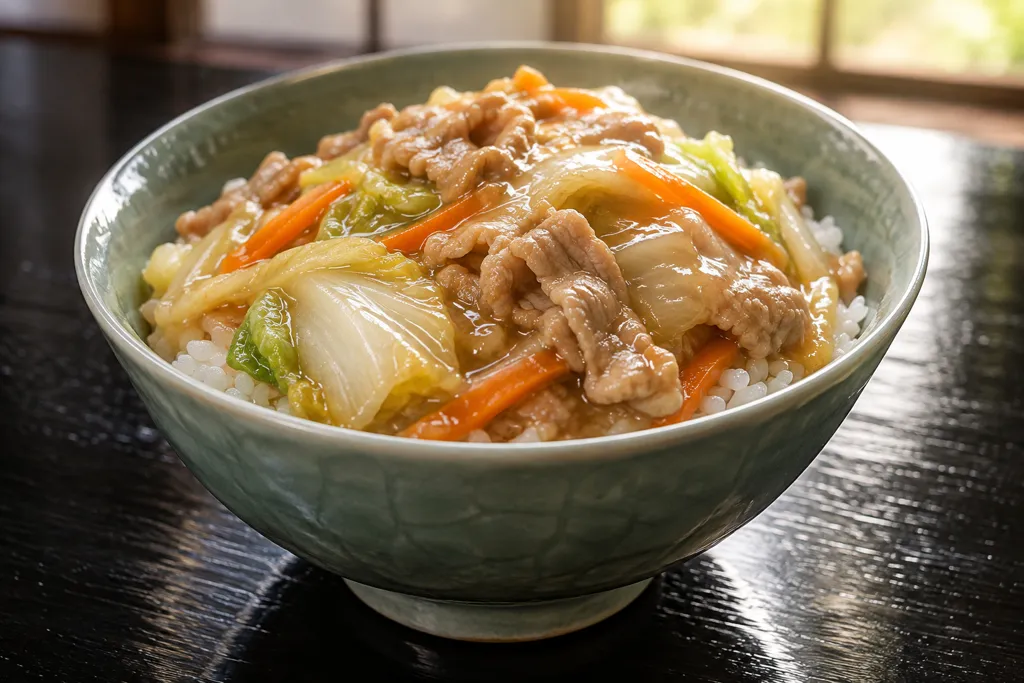 時短豚こま肉と白菜の中華丼の完成イメージ