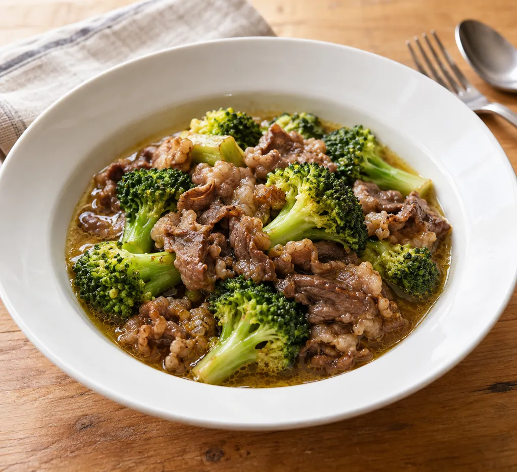 牛こま肉とブロッコリーのアヒージョの完成イメージ