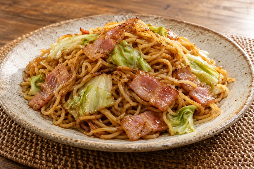 ベーコンとキャベツの焼きそばの完成イメージ