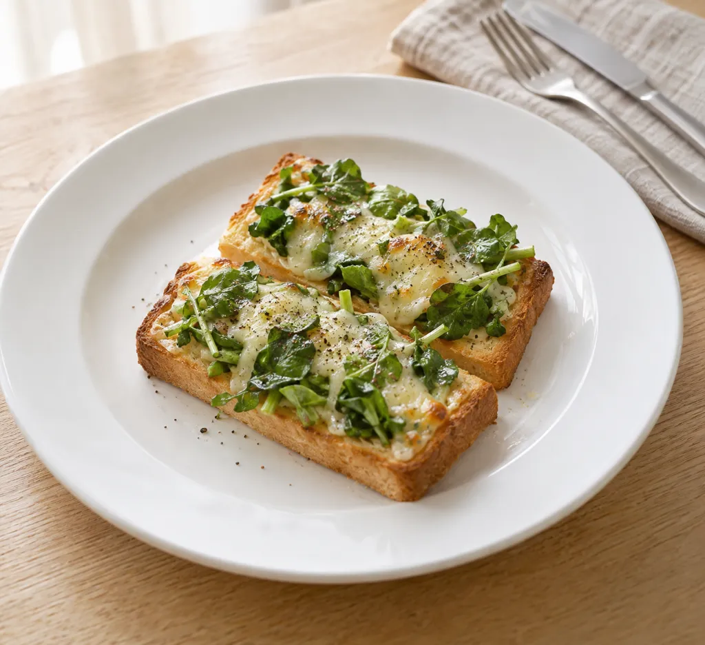 クレソンと食パンのチーズトーストの完成イメージ