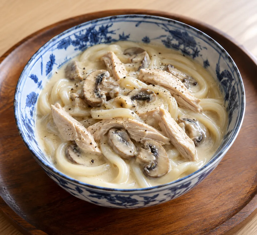 鶏とマッシュルームの豆乳うどんの完成イメージ