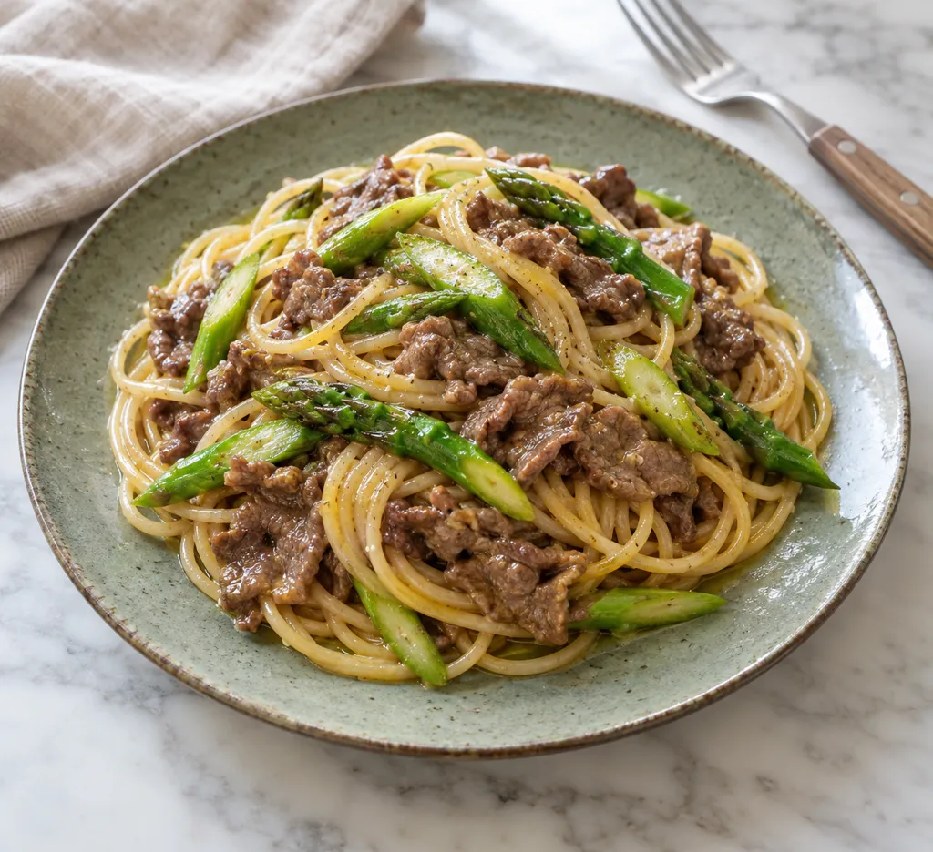 牛肉とアスパラのパスタの完成イメージ
