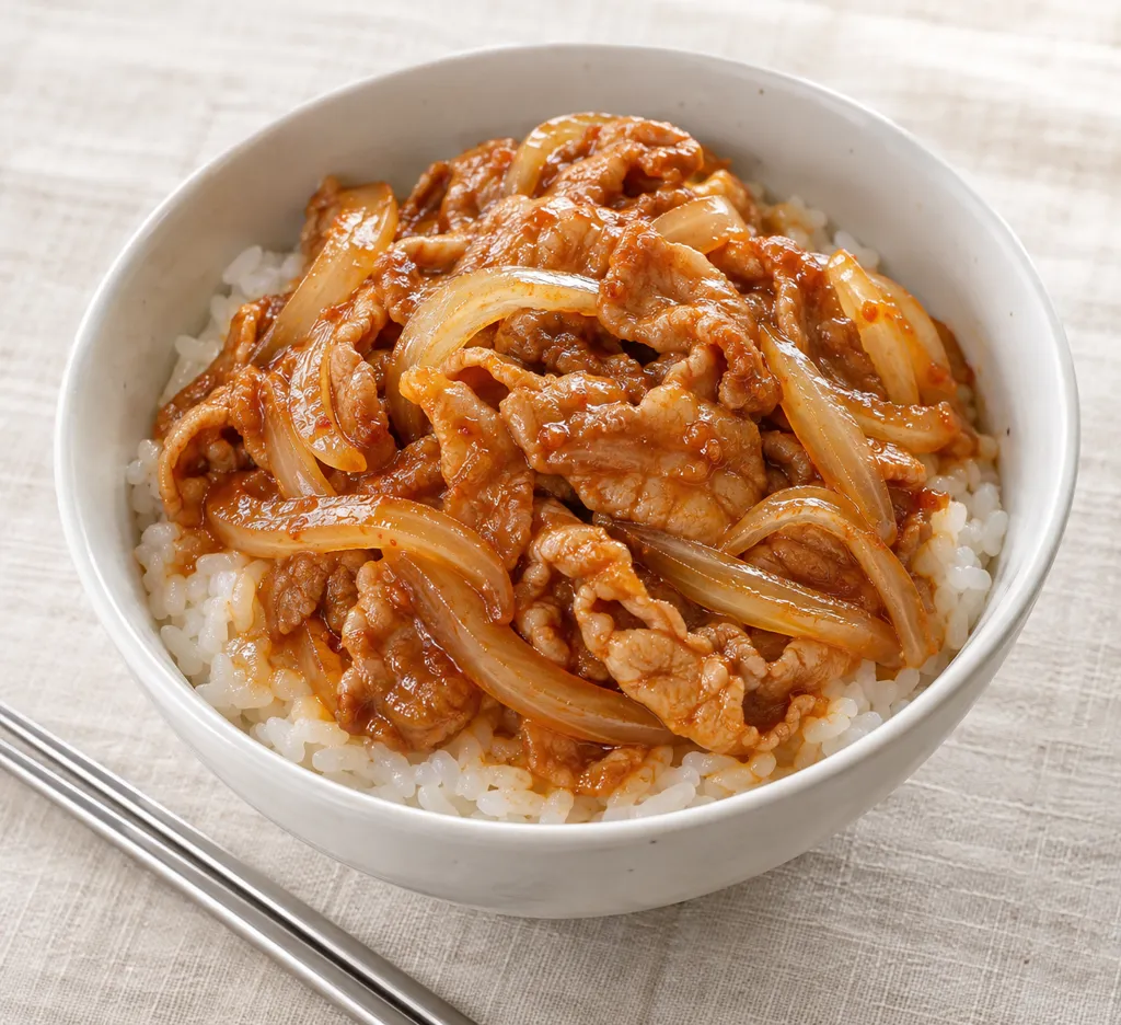 豚こま肉と玉ねぎの韓国甘辛丼の完成イメージ
