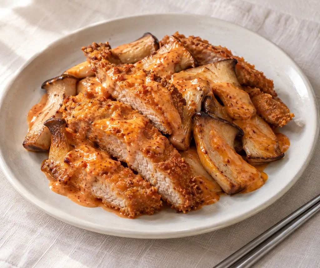 とんかつ用豚肉としいたけの韓国豚カツの完成イメージ