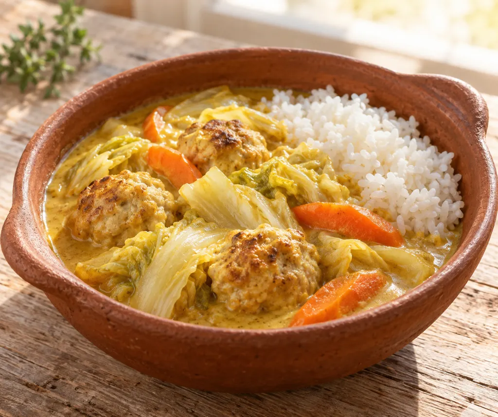 鶏団子と白菜のカレークリーム煮の完成イメージ