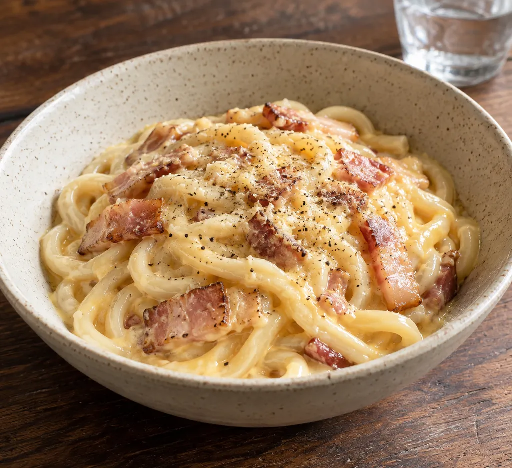 うどんとベーコンのカルボナーラの完成イメージ